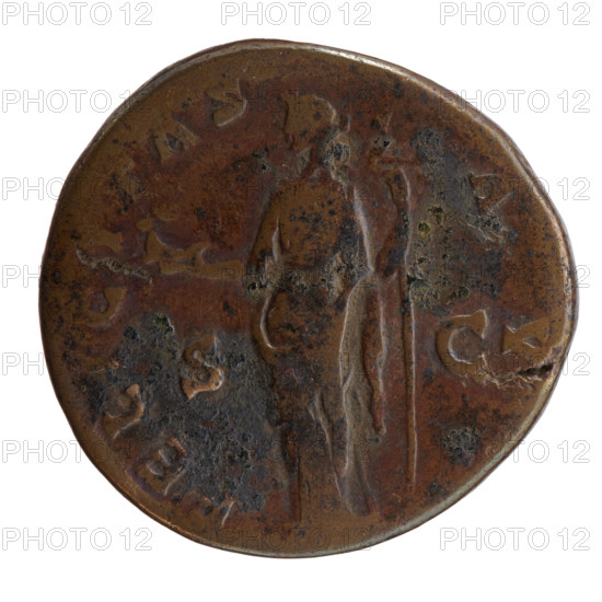 Sestertius of Antoninus Pius (86–161; Roman emperor 138–161). Obverse: head of the emperor in a laurel wreath facing right, inscription 'AN, NVS AVG - PIVS PP, COS IIII'. Reverse: Felicitas standing left, holding an ibex in his outstretched right hand and a long winged caduceus in his left; inscription 'FELICITAS - AV'. Fields: S - C. Date: 145–161. Roman Empire, Rome. Coin; diameter 30.0–31.0 mm, weight 21.05 g, axis 0°. Subjects/iconography: personifications, ibex, caduceus; head of the emperor in a laurel wreath; Felicitas standing with an ibex and a caduceus.