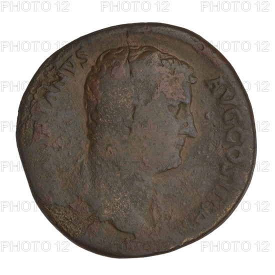 Sestertius, Hadrian (76–138; Roman Emperor 117–138). Obverse: bust of Hadrian facing right in drapery, beaded border; rim inscription: IANVS AVG COS III PP. Reverse: Hadrian in a toga standing right, shaking hands with the personification of Libya kneeling before him; in the field: SC. Beaded border; rim inscription: RESTIT. Date: 119–138. Rome, Roman Empire. Coin; weight 27.05 g.