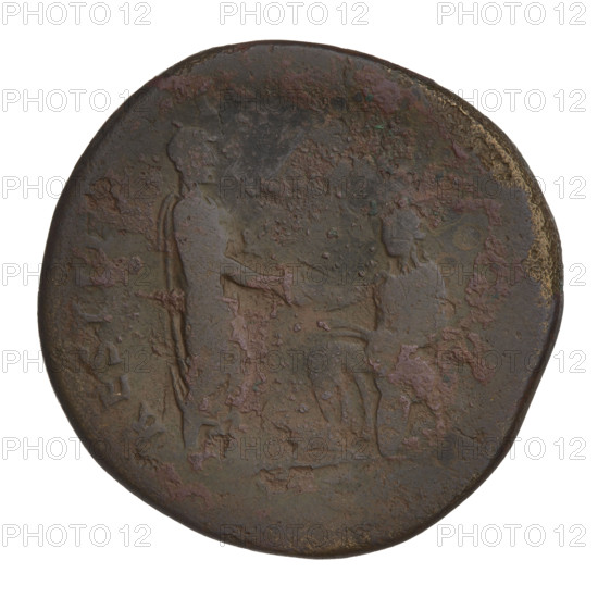 Sestertius of Hadrian (76–138; Roman Emperor 117–138). Obverse: bust of Hadrian facing right in drapery; beaded border; rim inscription IANVSAVGCOS III PP. Reverse: Hadrian in a toga standing right, shaking hands with the personification of Libya kneeling before him; episode marked SC; beaded border; rim inscription RESTIT. Date: 119–138. Rome, Roman Empire. Coin; weight 27.05 g.