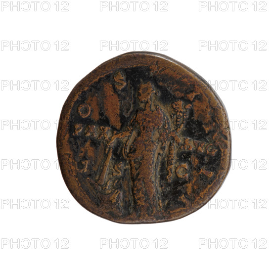 Sestertius of Antoninus Pius (86–161; Roman emperor 138–161). Obverse: head of the emperor in a laurel wreath facing right, legend 'ANTONINVS · AVG · PIVS · PP · TR · P'. Reverse: Pax standing left, holding a cornucopia in her left hand and in her lowered right hand a torch with which she ignites a weapon. Reverse inscriptions: 'C·OS·II·II' with field marks 'PAX·AVG / S·C'. Date: 145–161. Roman Empire, Rome. Coin. Diameter 30.5–31.0 mm, weight 30.00 g, axis 15°.
