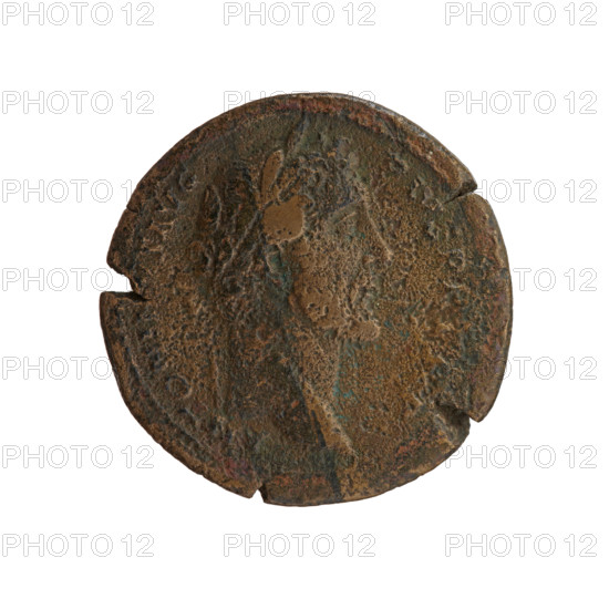 Sestertius of Antoninus Pius (86–161; Roman emperor 138–161). Obverse: Head of Antoninus Pius in laurel wreath facing right, inscription TO S AVG - PIVS PP; mint control letters P all around. Reverse: Pax stands left, holding a cornucopia in his left hand and in his lowered right hand a torch with which he ignites a weapon; inscriptions C - OS -, I all around, fields PAX - / S - C. Date: 145–161. Roman Empire, Rome. Coin; diameter 32.0–32.5 mm, weight 20.40 g, axis 345°.