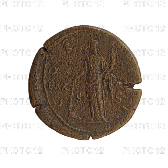 Sestertius of Antoninus Pius (86–161; Roman emperor 138–161). Obverse: Head of Antoninus Pius in laurel wreath facing right, inscription TO S AVG - PIVS PP, P all around. Reverse: Pax stands left; in his left hand he holds a cornucopia, in his lowered right hand he holds a torch with which he ignites a weapon, inscription C - OS -, I all around, in the fields PAX -, / S - C. Date: 145–161. Roman Empire, Rome. Coin; diameter 32.0–32.5 mm, weight 20.40 g, axis 345°.