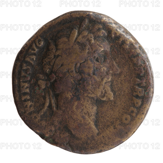 Sestertius of Antoninus Pius (86–161; Roman emperor 138–161). Obverse: Head of Antoninus Pius in a laurel wreath facing right, inscription ONINVS AVG - PIVS PP TR P COS. Reverse: Securitas seated on a throne facing left, holding a scepter in his right hand and supporting his head with his left hand, without legend, in SC. Date: 145–161. Roman Empire, Rome. Coin. Diameter 28.5–29.0 mm, weight 24.78 g, axis 180°.
