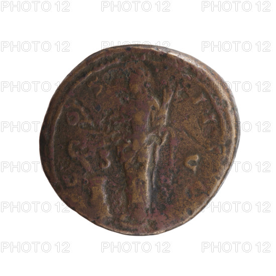 Sestertius, Antoninus Pius (86–161; Roman emperor 138–161), issuer: Antoninus Pius. Obverse: head of the emperor in a laurel wreath facing right, inscription ANTONINVS AVG - PIVS PP TR P. Reverse: Salus standing left; in her right hand she holds a patera above an altar around which a snake coils, in her left hand an inverted rudder, inscription C OS - III I, control letters S - C in the fields. Iconography: head of the emperor, snakes, altars, rudders, Salus (personification), personifications. Date: 145–161. Culture/place: Roman Empire, Rome. Object type/material: coin (sestertius). Measurements: diameter 32.0–34.0 mm, weight 23.35 g, axis 0°.