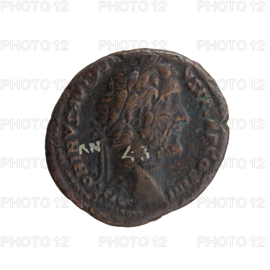 Antoninus Pius (86–161; Roman emperor 138–161), issuer. Obverse: Head of Antoninus Pius in a laurel wreath facing right, legend ANTONINVS AVG—VS PP TR P COS IIII. Reverse: Apollo stands frontally with head turned left, holding a patera in his right hand and a lyre in his left, in SC. Date: 145–161. Culture/place: Roman Empire, Rome. Object type: coin. Materials/measurements: diameter 25.0–28.0 mm, weight 10.70 g, axis 195°. Subjects/icons: Apollo, ancient deities; iconography of Antoninus Pius; lyre; patera.