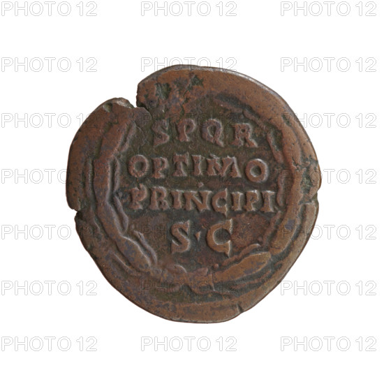 Antoninus Pius (86–161; Roman Emperor 138–161), issuer; head of the emperor in a laurel wreath facing right, legend TONINVS AVG, S PP TR P COS IIII around; reverse: oak wreath with legend SPQR / OPTIMO / PRINCIPI / SC in the middle; inscription in an oak wreath; iconography: oak wreaths; date 145–161; Roman Empire (27 BC–476), Rome; coin; diameter 25.5–26.0 mm; weight 7.90 g; axis 195°.