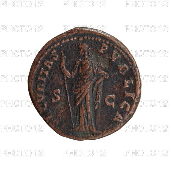 Antoninus Pius (86–161; Roman Emperor 138–161), issuer. Obverse: Head of Antoninus Pius in a laurel wreath to the right, inscription ANTONINVS AVG - P TR P COS IIII. Reverse: Securitas (personification) stands left, holds a long scepter in his right hand and supports his left hand on a column, inscription SECVRITAS - PVBLICA, in SC fields. Date: 145–161. Roman Empire (27 BC–476). Rome. Coin. Diameter 25.5–26.0 mm, weight 10.45 g, axis 0°.