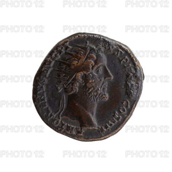 Dupondius of Antoninus Pius (86–161; Roman Emperor 138–161), issuer: Antoninus Pius — obverse: head of Antoninus Pius in radiant crown facing right, inscription ANTONINVS AVG PI - VS PP, COS IIII circumferential; reverse: Salus standing left, holding a patera above an altar around which a snake coils, in left hand a rudder on a globe, inscription S - ALVS - AV - G circumferential, fields S - C. Date: 145–161. Roman Empire (27 BC–476), Rome. Coin; diameter 23.5–24.0 mm, weight 16.35 g, axis 180°.