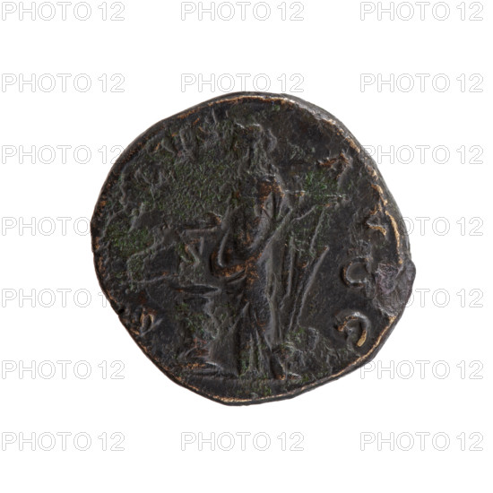 Dupondius, Antoninus Pius (86–161; Roman Emperor 138–161), issuer. Obverse: Head of Antoninus Pius in radiant crown facing right, legend ANTONINVS AVG PI - VS PP, COS IIII circumferential. Reverse: Salus standing left; in his right hand holding a patera above an altar around which a snake coils, in his left hand a rudder on a globe; legend S - ALVS - AV - G circumferential, control marks S - C in fields. Iconography: Salus standing in front of the altar feeding a snake; snakes; radiant crown. Date: 145–161. Place: Rome, Roman Empire. Object: coin (dupondius). Measurements: diameter 23.5–24.0 mm, weight 16.35 g, axis 180°.