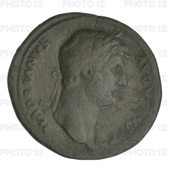 Sestertius, Hadrian (76–138; Roman emperor 117–138). Obverse: bust of Hadrian facing right in drapery; rim inscription: HADRIANVS AVGVSTVS PP. Reverse: Hilaritas (personification) stands left, dressed in drapery, right hand holding the top of a palm leaf placed on the ground, left hand holding a cornucopia; in front, on the left, a naked boy stands touching the palm leaf; behind her on the right, a naked girl stands touching the goddess's dress; control letters SC on the sides; rim inscription: HILA; episode inscription: COS III. Date: 128–132. Rome, Roman Empire (27 BC–476). Coin; weight 25.45 g.