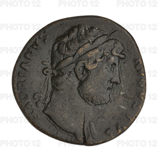 sestertius, Hadrian (76–138; Roman emperor 117–138); Obv.: head of Hadrian in laurel wreath right; rim inscription: HADRIANVS AVGVSTVS. Rev.: Neptune, with a foot on the prow of a ship, stands facing right with an acrostolium in his left hand and a trident in his right; on both sides SC; rim inscription: COS III. Date: 125–128. Rome, Roman Empire (27 BC–476). Coin; weight 21.70 g.
