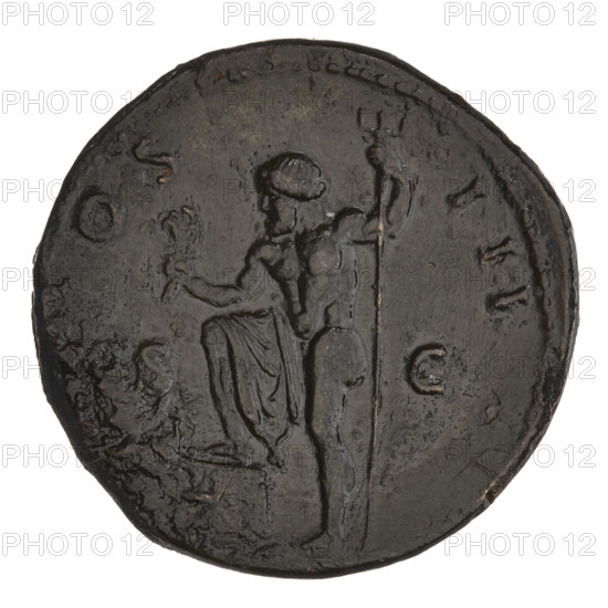sestertius, Hadrian (76–138; Roman emperor 117–138); obverse: head of Hadrian in laurel wreath right; rim inscription HADRIANVS AVGVSTVS; reverse: Neptune, with a foot on the prow of a ship, turned left, holding an acrostolium in his right hand and a trident in his left; on both sides SC; rim inscription COS III; dated 125–128; Rome, Roman Empire (27 BC–476); coin; weight 27.25 g