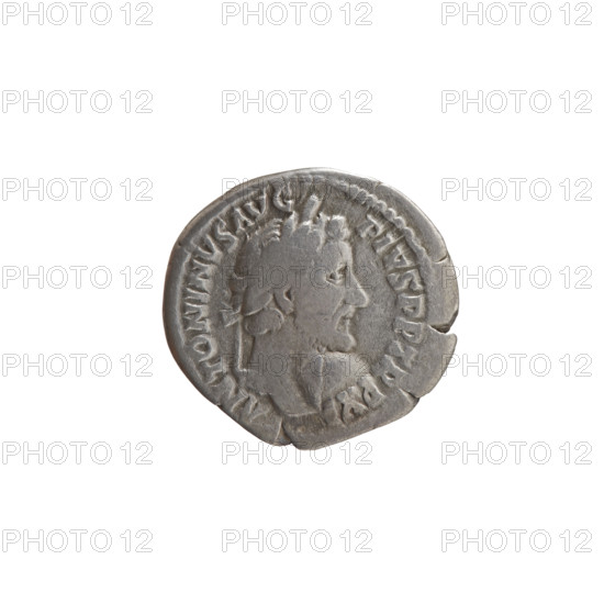 Denarius of Antoninus Pius (86–161; Roman emperor 138–161). Obverse: Head of the emperor in a laurel wreath facing right, inscription ANTONINVS AVG PIVS PP TR P XI. Reverse: Annona (personification) standing left, holding ears of corn above a modius in her right hand and an anchor in her left; countermark S·II·I. Iconography: ears of corn, Annona, modius, anchors, personifications, head of the emperor in a laurel wreath. Date: 147–148. Culture/place: Roman Empire, Rome. Medium/function: coin. Dimensions: diameters 17.5 mm and 18.5 mm, weight 2.93 g, axis 180°.