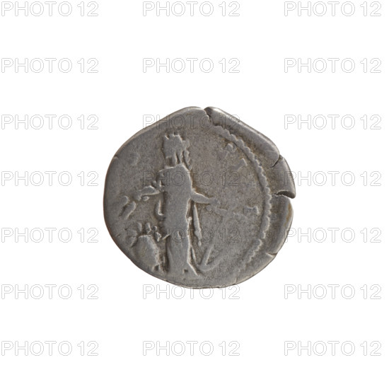 Denarius of Antoninus Pius (86–161; Roman emperor 138–161), issued 147–148. Obverse: head of the emperor in a laurel wreath facing right, inscription ANTONINVS AVG PIVS PP TR P XI. Reverse: Annona (personification) standing left, holding ears of corn above a modius in her right hand and an anchor in her left; countermark S·II·I. Iconography: ears of corn, Annona, modius, anchors, personifications, head of the emperor in a laurel wreath. Roman Empire (27 BC–476), Rome. Coin; diameter 17.5–18.5 mm, weight 2.93 g, axis 180°.