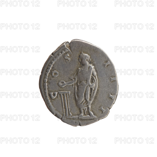 Denarius of Antoninus Pius (86–161; Roman emperor 138–161). Obverse: head of the emperor in a laurel wreath facing right, inscription ANTONINVS AVG - PIVS PP TR P XI. Reverse: emperor in a toga standing left, holding a patera above a tripod in his right hand and a scroll in his left, inscription C OS - IIII. Date: 147–148. Roman Empire (27 BC–476), Rome. Coin; diameter 17.0–19.0 mm; weight 2.80 g; axis 180°.