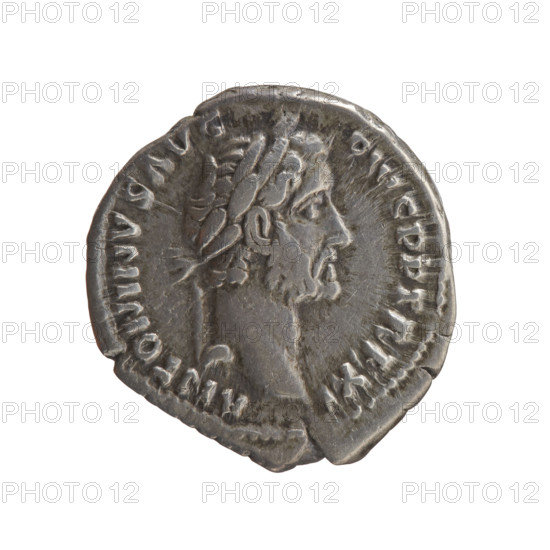 Denarius, Antoninus Pius (86–161; Roman emperor 138–161), issuer: Antoninus Pius. Obverse: head of the emperor in a laurel wreath facing right, inscription 'ANTONINVS AVG - PIVS PP TR P XI'. Reverse: Salus standing left in front of an altar, holding a patera above the altar around which a snake coils; in his left hand a rudder on a globe, inscription 'C - OS - IIII'. Personifications: Salus; iconography includes altars, snakes, rudders. Date: 147–148. Culture/place: Roman Empire, Rome. Object type/material: coin (denarius). Measurements: diameter 17.0–19.5 mm, weight 3.35 g, axis 165°.