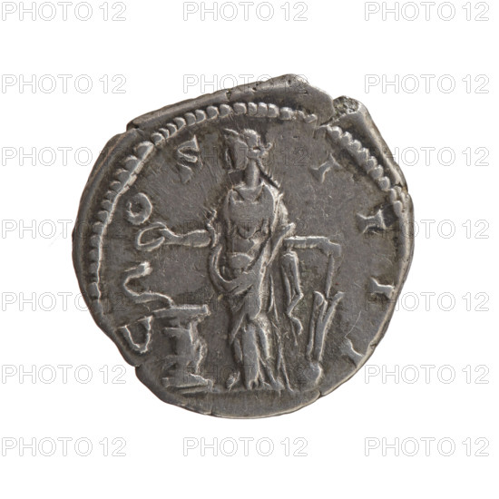 Denarius, Antoninus Pius (86–161; Roman emperor 138–161), issuer. Obverse: head of the emperor in a laurel wreath facing right, legend ANTONINVS AVG - PIVS PP TR P XI. Reverse: Salus standing left, holding a patera above an altar around which a snake coils, and a rudder on a globe in her left hand, legend C - OS - IIII. Date: 147–148. Roman Empire (27 BC–476). Rome. Coin. Diameter 17.0–19.5 mm, weight 3.35 g, axis 165°.