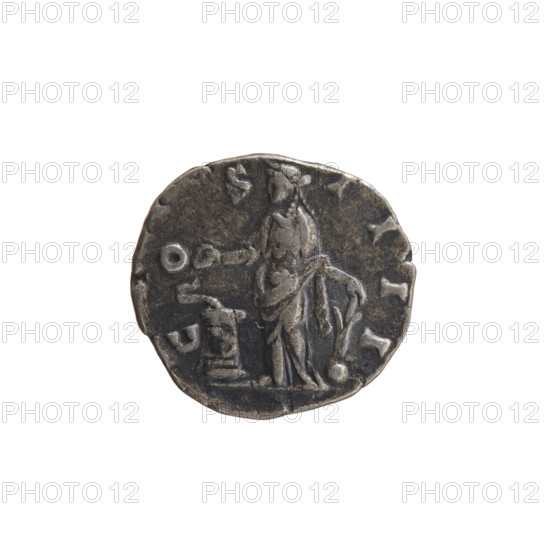Denarius of Antoninus Pius (r. 138–161). Obverse: head of the emperor in a laurel wreath facing right, inscription ANTONINVS AVG - PIVS PP TR P XI. Reverse: Salus standing left, holding a patera above an altar around which a snake coils, and in her left hand a rudder on a globe, inscription C O S - IIII. Iconography: Salus, snakes, altars, head of the emperor in laurel wreath, rudders. Date: 147–148. Roman Empire, Rome. Coin (silver); diameter 16.5–17.5 mm, weight 3.20 g, axis 180°.