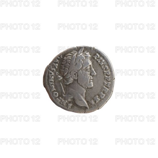 Denarius of Antoninus Pius (86–161; Roman emperor 138–161). Obverse: Head of the emperor in a laurel wreath facing right, inscription ANTONINVS AV - PIVS PP TR P XI. Reverse: Salus standing left in front of an altar, holding a patera above the altar around which a snake coils, and a rudder on a globe in her left hand, inscription C - OS - IIII. Dated 147–148, Roman Empire (27 BC–476), Rome. Coin; diameter 16.5–18.0 mm, weight 2.95 g, axis 180°.