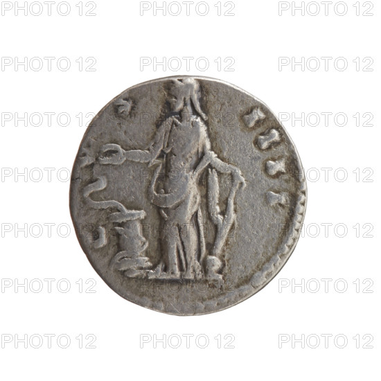 Denarius of Antoninus Pius (reign 138–161). Obverse: head of the emperor in a laurel wreath facing right, inscribed ANTONINVS AVG - PIVS PP TR P XI. Reverse: Salus standing left before an altar, holding a patera above the altar around which a snake coils; in her left hand a rudder resting on a globe; mintmarks C - , S - IIII. Date: 147–148. Roman Empire (27 BC–476), Rome. Coin. Diameter 16.5–17.0 mm, weight 3.02 g, axis 180°.