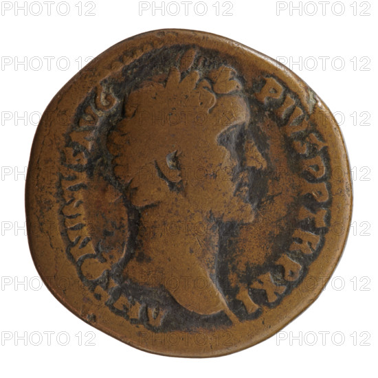 Sestertius of Antoninus Pius (86–161; Roman emperor 138–161). Obverse: head of the emperor in a laurel wreath to the right, legend ANTONINVS AVG PIVS PP TR P XI. Reverse: Annona standing left, holding ears of corn above a modius in her right hand and an anchor in her left, inscription including COS IIII and SC in the fields. Iconography: Annona (personification), ears of corn, anchors. Date: 147–148. Roman Empire, Rome. Coin; diameter c. 31.0–31.5 mm, weight 21.05 g, axis 330°.