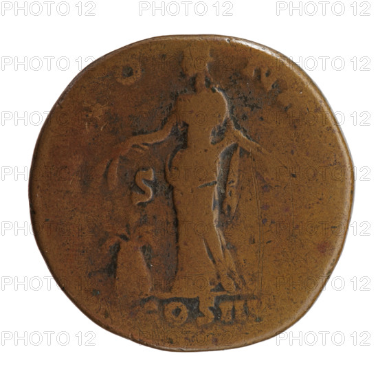 Sestertius; Antoninus Pius (86–161; Roman emperor 138–161), issuer. Obverse: head of Antoninus Pius in a laurel wreath to the right, inscription ANTONINVS AVG PIVS PP TR P XI. Reverse: Annona (personification) standing left, holding ears of corn above a modius in her right hand and an anchor in her left, inscription NNO NA with COS IIII in the section and S C in the fields. Iconography: Annona, ears of corn, anchors, personifications; Annona standing with ears of corn held above a modius. Date: 147–148. Culture/place: Roman Empire, Rome. Object: coin (sestertius). Dimensions: diameter 31.0–31.5 mm, weight 21.05 g, axis 330°.