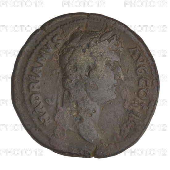 Sestertius of Hadrian (76–138 CE; Roman emperor 117–138). Obverse: head of Hadrian with laurel wreath facing right; rim inscription HADRIANVSAVGCOS III PP. Reverse: Salus (personification) standing right, draped in a long robe, holding a patera in her left hand and feeding a snake coiled on an altar opposite her with her right hand; rim inscription erased; on both sides: S C. Dating: 134–138 CE, Rome, Roman Empire (27 BCE–476 CE). Coin; weight 27.10 g.