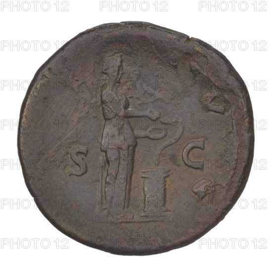 Sestertius, Hadrian (76–138; Roman emperor 117–138). Obverse: head of Hadrian with laurel wreath facing right; rim inscription HADRIANVS AVG COS III PP. Reverse: Salus (personification) standing right, draped in a long robe, holding a patera in her left hand and feeding a snake coiled on an altar with her right hand; rim inscription erased; control marks S C on both sides. Date: 134–138, Rome, Roman Empire (27 BC–476). Coin; weight 27.10 g.