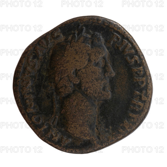 Sestertius, Antoninus Pius (86–161; Roman emperor 138–161), issuer: Antoninus Pius. Obverse: Head of Antoninus Pius with laurel wreath and drapery on the left shoulder, facing right; inscription ANTONINVS AVG PIVS PP TR P XI. Reverse: Aequitas standing left, holding scales in his right hand and a cornucopia in his left; inscription C OS - IIII, SC in the fields. Date: 148–149. Roman Empire (27 BC–476), Rome. Coin. Diameter 29.5–30.5 mm, weight 25.35 g, axis 165 degrees.