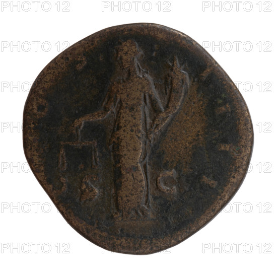 Sestertius, Antoninus Pius (86–161; Roman emperor 138–161), issuer; personification Aequitas standing; obverse: head of Antoninus Pius with laurel wreath and drapery on the left shoulder to the right, inscription ANTONINVS AVG PIVS PP TR P XI; reverse: Aequitas standing left, holding scales in his right hand and a cornucopia in his left, inscription COS IIII, control letters SC in the fields; dated 148–149; Roman Empire (27 BC–476), Rome; coin; diameter 29.5–30.5 mm; weight 25.35 g; axis 165°.