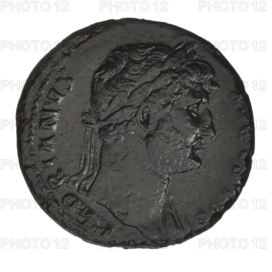 sestertius, Hadrian (76–138; Roman emperor 117–138); obverse: bust of Hadrian with laurel wreath facing right; rim inscription HADRIANVSAVG; reverse: Virtus standing left, dressed in military attire, wearing a helmet, right foot on a helmet, parazonium in the right hand, spear held vertically in the left hand; rim inscription COSIII; mintmarks SC on both sides; dated 119–138; Rome, Roman Empire (27 BC–476); coin; weight 25.20 g