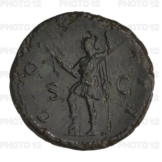 sestertius, Hadrian (76–138; Roman emperor 117–138); obverse: bust of Hadrian with laurel wreath facing right; rim inscription: HADRIANVSAVG; reverse: Virtus standing left, dressed in military attire, wearing a helmet, right foot on a helmet, parazonium in the right hand, spear held vertically in the left hand; rim inscription: COSIII; control marks SC on both sides; dated 119–138, Rome, Roman Empire (27 BC–476); coin; weight 25.20 g