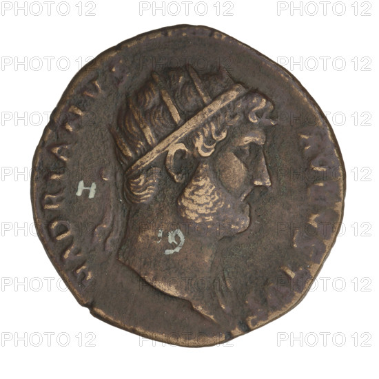 Dupondius, Hadrian (76–138; Roman emperor 117–138). Obverse: head of Hadrian in a radiant crown facing right; rim inscription HADRIANVS AVGVSTVS. Reverse: Fides (Fidelity) standing upright, head facing right, wearing a long robe, holding ears of corn in her right hand and a basket of fruit in her raised left hand; rim inscription COS III; control marks SC on both sides. Date: 125–128, Rome, Roman Empire (27 BC–476). Coin; weight 10.20 g.