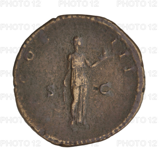 Dupondius, Hadrian (76–138; Roman emperor 117–138). Obverse: head of Hadrian in radiant crown facing right; rim inscription: HADRIANVS AVGVSTVS. Reverse: Fides (personification) standing straight, head facing right, wearing a long robe, holding ears of corn in her right hand and a basket of fruit in her raised left hand; rim inscription: COS III; on both sides: SC. Date: 125–128. Place: Rome, Roman Empire (27 BC–476). Coin; weight 10.20 g.