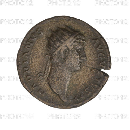 Dupondius, Hadrian (76–138; Roman emperor 117–138). Obverse: head of Hadrian right wearing a radiant crown; rim inscription HADRIANVSAVGVSTVSPP. Reverse: Hilaritas (personification) stands left, dressed in draperies, with her right hand holding the top of a palm leaf placed on the ground and a cornucopia in her left; in front of her left, a naked boy stands touching the palm leaf; behind her right, a naked girl stands touching the goddess's dress; control letters SC on the sides; rim inscription HILARITASPR; episode inscription COS III. Date: 125–128. Rome, Roman Empire (27 BC–476). Coin; weight 11.67 g.