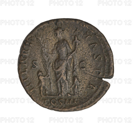 dupondius, Hadrian (76–138; Roman emperor 117–138), radiant crowns, Hilaritas (personification), children, heads. Obv.: head of Hadrian right wearing a radiant crown; rim inscription: HADRIANVSAVGVSTVSPP. Rev.: Hilaritas stands left, dressed in draperies, with her right hand holding the top of a palm leaf placed on the ground, in her left hand a cornucopia; in front of her, on the left, a naked boy stands touching the palm leaf, behind her on the right, a naked girl stands touching the goddess's dress; on the sides: SC; rim inscription: HILARITASPR; in the episode: COS III. Date: 125–128. Place: Rome, Roman Empire (27 BC–476). Object type: coin. Weight: 11.67 g.