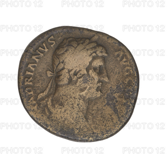 Hadrian (76–138; Roman Emperor 117–138). Obverse: head of Hadrian in laurel wreath facing right; rim inscription: HADRIANVSAVGC. Reverse: Hadrian standing left, wearing a toga, holding a scroll in his left hand, giving his right hand to the personification of Spain kneeling before him; Spain kneeling right, wearing a long robe, extending his right hand to Hadrian, holding a branch in his left hand, a rabbit between the figures; rim inscription: RES HISPANIAE. Episode: cut off. Date: 134–138. Rome, Roman Empire (27 BC–476). Coin, weight 12.26 g.