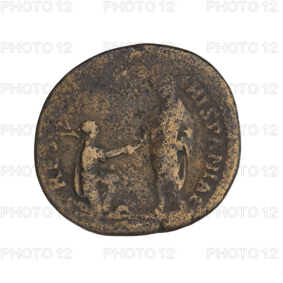 Hadrian (76–138; Roman Emperor 117–138). Spain (personification). Obverse: head of Hadrian in laurel wreath facing right; rim inscription HADRIANVSAVGC. Reverse: Hadrian standing left, wearing a toga, holding a scroll in his left hand, giving his right hand to the personification of Spain kneeling before him; Spain kneeling right, wearing a long robe, extending his right hand to Hadrian, holding a branch in his left hand; a rabbit between the figures; rim inscription RES HISPANIAE. Episode: cut off. Date: 134–138. Rome, Roman Empire. Coin; weight 12.26 g.
