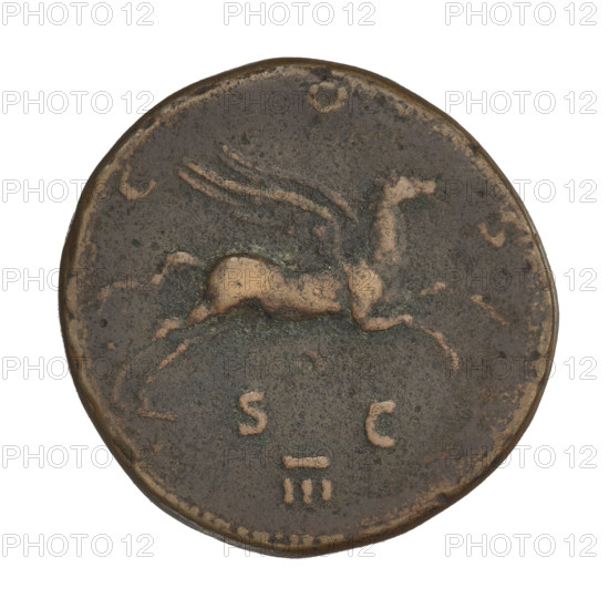 dupondius, Hadrian (76–138; Roman emperor 117–138), wings, radiant crowns, Pegasus (mythology), heads. Obv.: Hadrian's head to the right in a radiant crown; rim inscription: HADRIANVS AVGVSTVS. Rev.: Pegasus flies to the right, wings up; rim inscription: COS; above the line of the segment: SC; in the segment: III. Date: 125–128. Rome, Roman Empire (27 BC–476). Coin, weight 13.07 g.