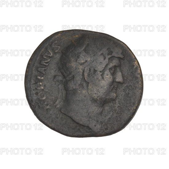 dupondius, Hadrian (76–138; Roman emperor 117–138); Obv.: head of Hadrian in radiant crown facing right; rim inscription: HADRIANVS. Rev.: Salus seated left, wearing a long robe; in her outstretched right hand she holds a patera consecrating gifts on the lit altar in front of her, a snake entwined around the altar, her left hand rests on the back of a chair; rim inscription: COS; control mark: SC. Date: 119–138, Rome, Roman Empire (27 BC–476). Coin; weight 10.15 g.