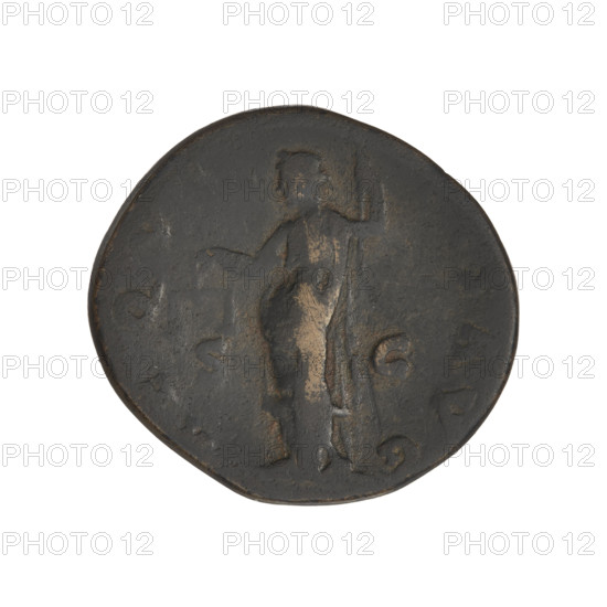 Hadrian (76–138; Roman emperor 117–138); obverse: head of Hadrian in laurel wreath facing right; rim inscription NVSAVGCO. Reverse: Aequitas (personification) standing left, wearing a long robe, holding scales in her right hand and a long scepter in her left; rim inscription AEQVI, AVG; letters SC on both sides of the figure. Date: 119–138. Place: Rome, Roman Empire. Object: coin; weight 11.30 g.
