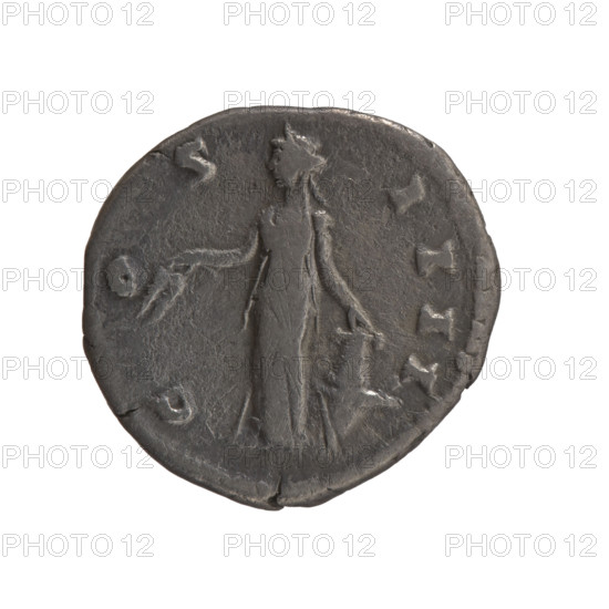 Denarius of Antoninus Pius (86–161; Roman emperor 138–161). Obverse: Head of Antoninus Pius in a laurel wreath facing right, legend ANTONINVS AVG PIVS PP TR P XVIII. Reverse: Annona (personification) stands left, holds ears of corn in her right hand, rests her left on a container (modius) standing on a ship, legend C OS - IIII. Iconography includes Annona, ears of corn, modius, ships. Date: 154–155. Culture/place: Roman Empire, Rome. Coin; diameter 17.5–19.5 mm, weight 3.27 g, axis 0°.