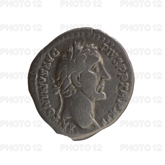 Denarius of Antoninus Pius (86–161; Roman emperor 138–161). Obverse: Head of Antoninus Pius in a laurel wreath facing right, inscription ANTONINVS AVG - PIVS PP TR P XII. Reverse: Annona standing left, holding ears of corn above a modius in her right hand and an anchor in her left hand, inscription C OS - III I. Iconography: Annona (personification), ears of corn, anchor, head of the emperor in a laurel wreath, personifications, modius. Date: 148–149. Culture/place: Roman Empire, Rome. Object type/material: Coin (denarius). Measurements: diameter 17.0–17.5 mm, weight 3.18 g, axis 180 degrees.