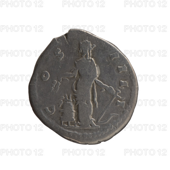 Denarius of Antoninus Pius (86–161; Roman emperor 138–161). Obverse: head of the emperor in a laurel wreath to the right, legend ANTONINVS AVG PIVS PP TR P XII. Reverse: Annona standing left, holding ears of corn above a container (modius) in her right hand and an anchor in her left; inscription C OS III I (around). Iconography: Annona (personification), ears of corn, anchors; personifications; head of the emperor in a laurel wreath. Date: 148–149. Roman Empire (27 BC–476). Coin; diameter 17.0–17.5 mm; weight 3.18 g; axis 180°.