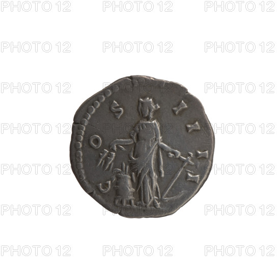 Denarius, Antoninus Pius (86–161; Roman emperor 138–161), issuer: Annona (personification). Head of Antoninus Pius in a laurel wreath facing right, legend 'ANTONINVS AVG PI - VS PP TR P XII' all around. Reverse: Annona standing left, holding ears of corn above a container (modius) in her right hand and an anchor in her left hand; circumferential inscription 'C - OS - II I - I'. Iconography: Annona, ears of corn, anchors, personifications, head of the emperor in a laurel wreath, modi. Date: 148–149. Culture/place: Roman Empire, Rome. Object type: coin (denarius). Measurements: diameter ~17.0–17.5 mm; weight 2.93 g; axis 180 degrees.