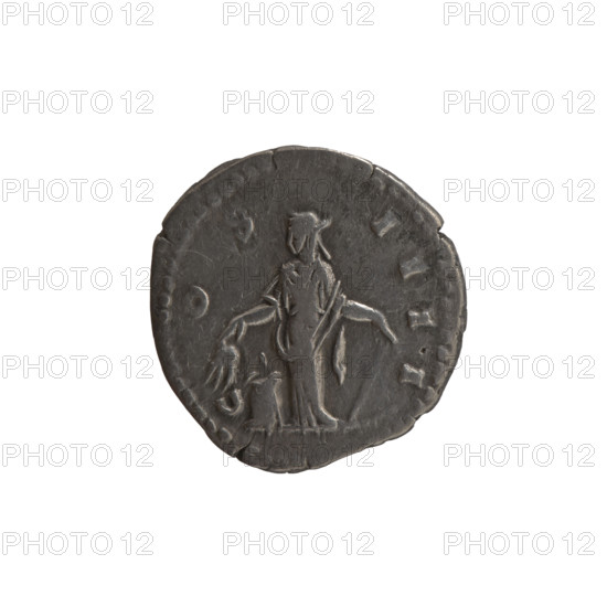 Denarius of Antoninus Pius (86–161; Roman emperor 138–161), issuer: Antoninus Pius. Obverse: head of Antoninus Pius in a laurel wreath facing right, legend 'ANTONINVS AVG PI-VS PP TR P XII'. Reverse: Annona (personification) standing left, holding ears of corn above a modius in her right hand and an anchor in her left; legend 'C-OS-IIII'. Iconography: Annona, ears of corn, modius, anchor, head of the emperor in a laurel wreath, personifications. Date: 148–149. Culture/place: Roman Empire, Rome. Object type/material: coin (denarius). Dimensions: diameter 18.0–18.5 mm; weight 3.17 g; axis 345°.