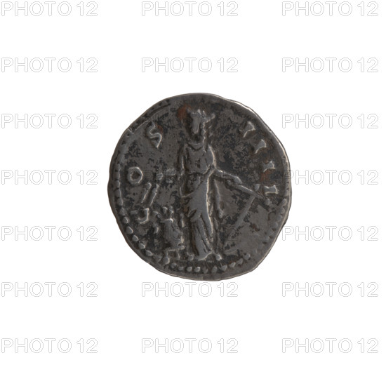 Denarius (forgery?), Antoninus Pius (86–161; Roman emperor 138–161), issuer; obverse: head of Antoninus Pius in a laurel wreath facing right, legend 'ANTONINVS AVG - PIVS PP TR P XII'; reverse: Annona standing left, holding ears of corn above a container (modius) in her right hand, an anchor in her left hand; inscriptions: 'C OS - IIII' circumferential; motifs: ears of corn, Annona (personification), anchors, head of the emperor in a laurel wreath, modi, personifications; iconography dated to 148–149 (for the original); Roman Empire (27 BC–476), Rome (for the original); coin, diameter 17.5–18.0 mm, weight 3.28 g, axis 195°