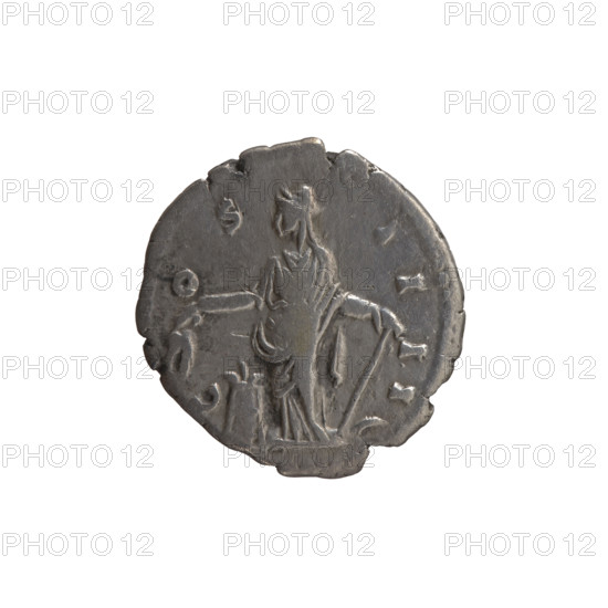 Denarius, Antoninus Pius (86–161; Roman emperor 138–161), issuer: Antoninus Pius. Obverse: Head of the emperor in a laurel wreath facing right, inscription ANTONINVS AVG PIVS PP TR P XII. Reverse: Annona (personification) standing left, holding ears of corn above a container (modius) in her right hand and an anchor in her left hand, inscription C OS II II. Iconography: Annona, head of the emperor in a laurel wreath, ears of corn, personifications, modius, anchors. Date: 148–149. Culture/place: Roman Empire, Rome. Object type/material: Coin (denarius). Dimensions: diameter 18.0–18.5 mm, weight 3.05 g, axis 180°.