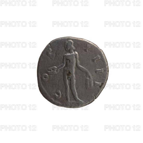 Denarius of Antoninus Pius (r. 138–161). Obverse: Head of Antoninus Pius in a laurel wreath facing right, inscription 'ANTONINVS AVG PIVS PP TR P XII'. Reverse: Naked Genius standing frontally with head turned left, holding a patera in his right hand and ears of corn in his left, inscription 'C OS IIII'. Iconography includes personifications, Genius, ears of corn, paterae. Date: 148–149. Roman Empire, Rome. Coin; diameter 17.0 mm; weight 2.85 g; axis 210°.