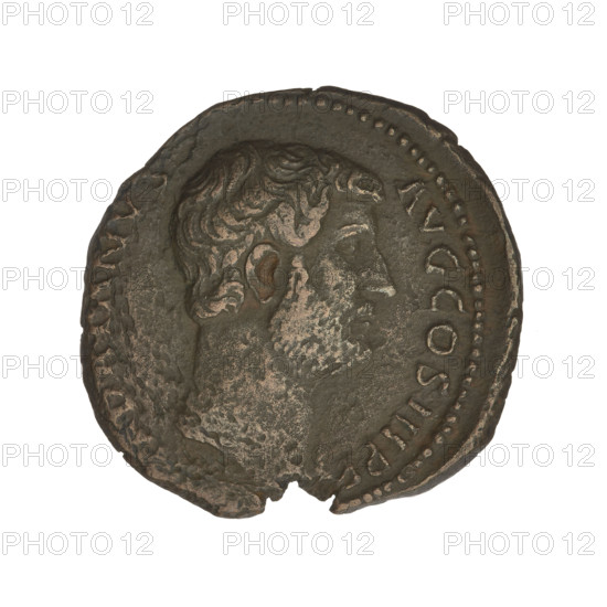Hadrian (76–138; Roman emperor 117–138). Obverse: head of Hadrian in laurel wreath facing right; rim inscription: HADRIANVSAVGCOS III PP. Reverse: Annona (personification) standing left, wearing a long robe, holding ears of corn above a modius in her right hand and a rudder attached to a ship's prow in her left hand, facing right; rim inscription: ANNONAAVG; letters SC on both sides of the figure. Date: 134–138. Place: Rome, Roman Empire (27 BC–476). Coin; weight 10.80 g.